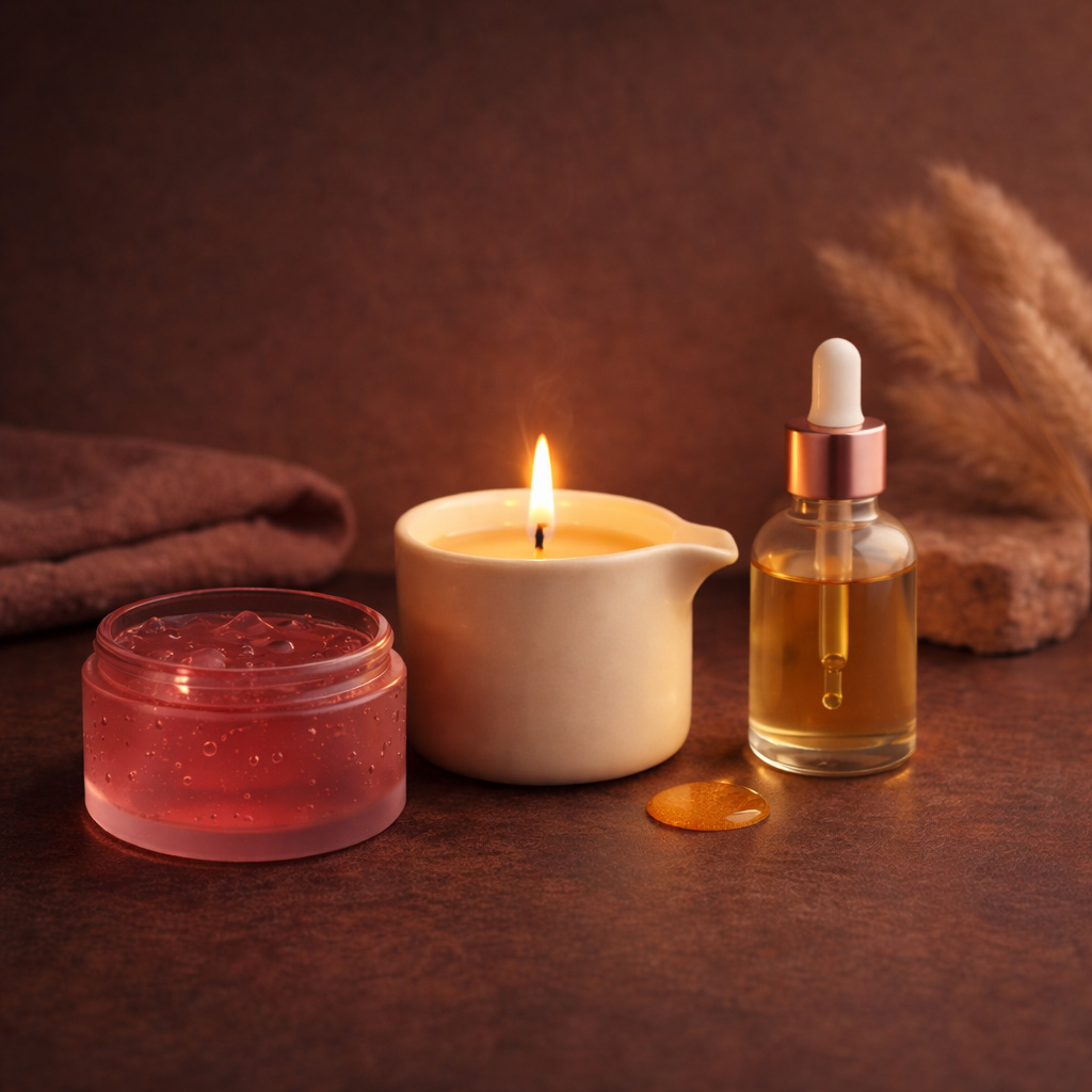 Produits de bien-être comprenant une huile de massage, une bougie de massage et un gel lubrifiant, présentés dans une ambiance chaleureuse