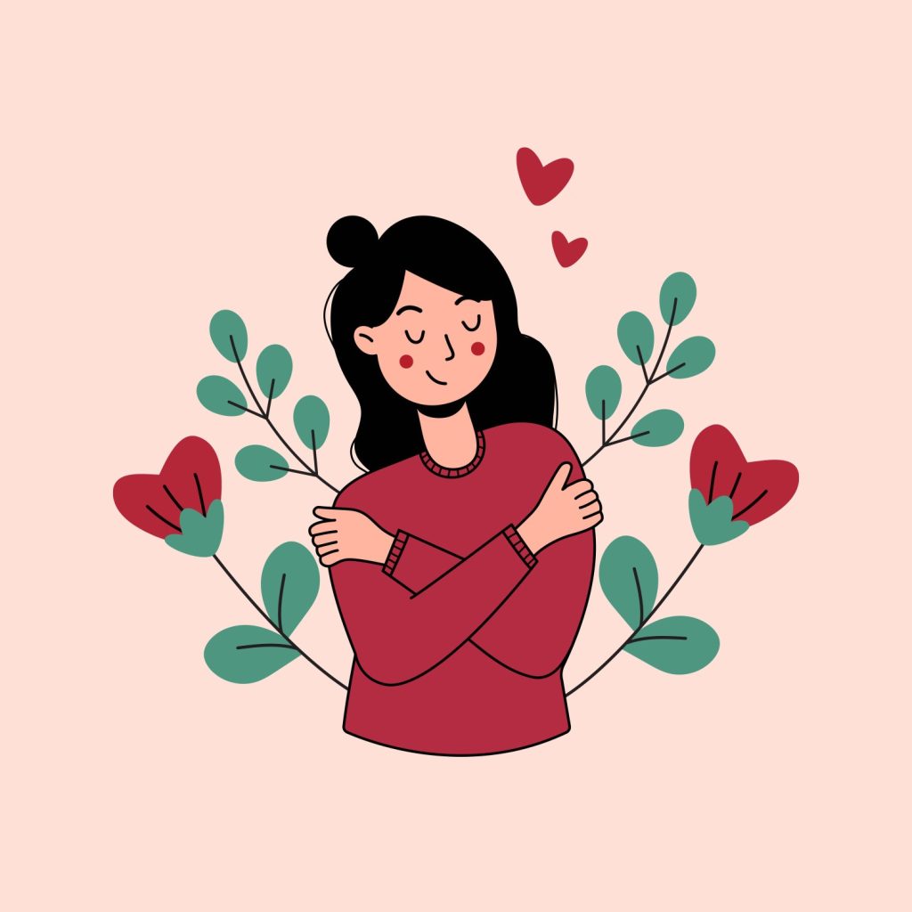 Illustration de self-love représentant une femme qui se prend dans ses bras, entourée de fleurs en forme de cœur, évoquant l’amour de soi et le bien-être féminin